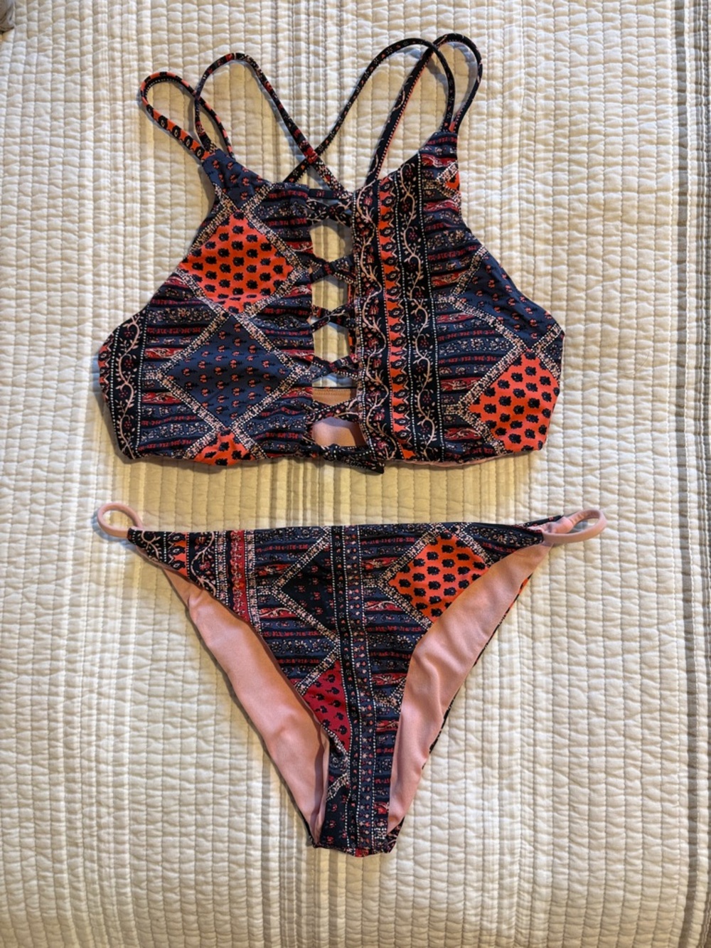 Roxy Navy and Coral Patterned Two-Piece Bikini